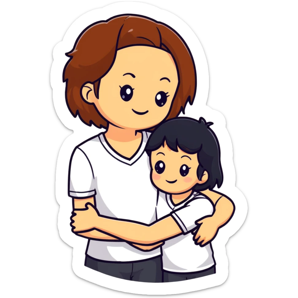 Two girls with light skin, one with chestnut hair and one with black hair, wearing white V-neck shirts, hugging warmly with gentle smiles sticker