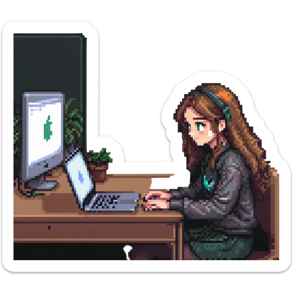 a girl sitting at a desk with a MacBook, focus on face and laptop, pixel art style sticker