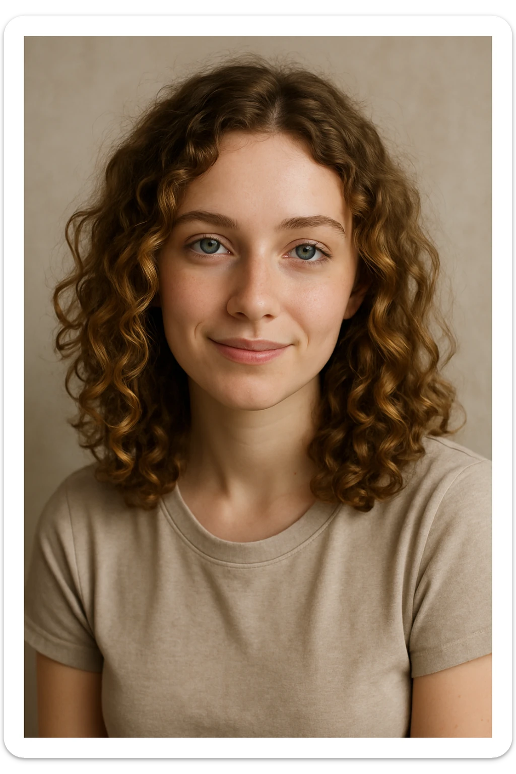white girl, dark blonde curly hair, blue-green eyes, shoulder length, gentle smile, upper body sticker