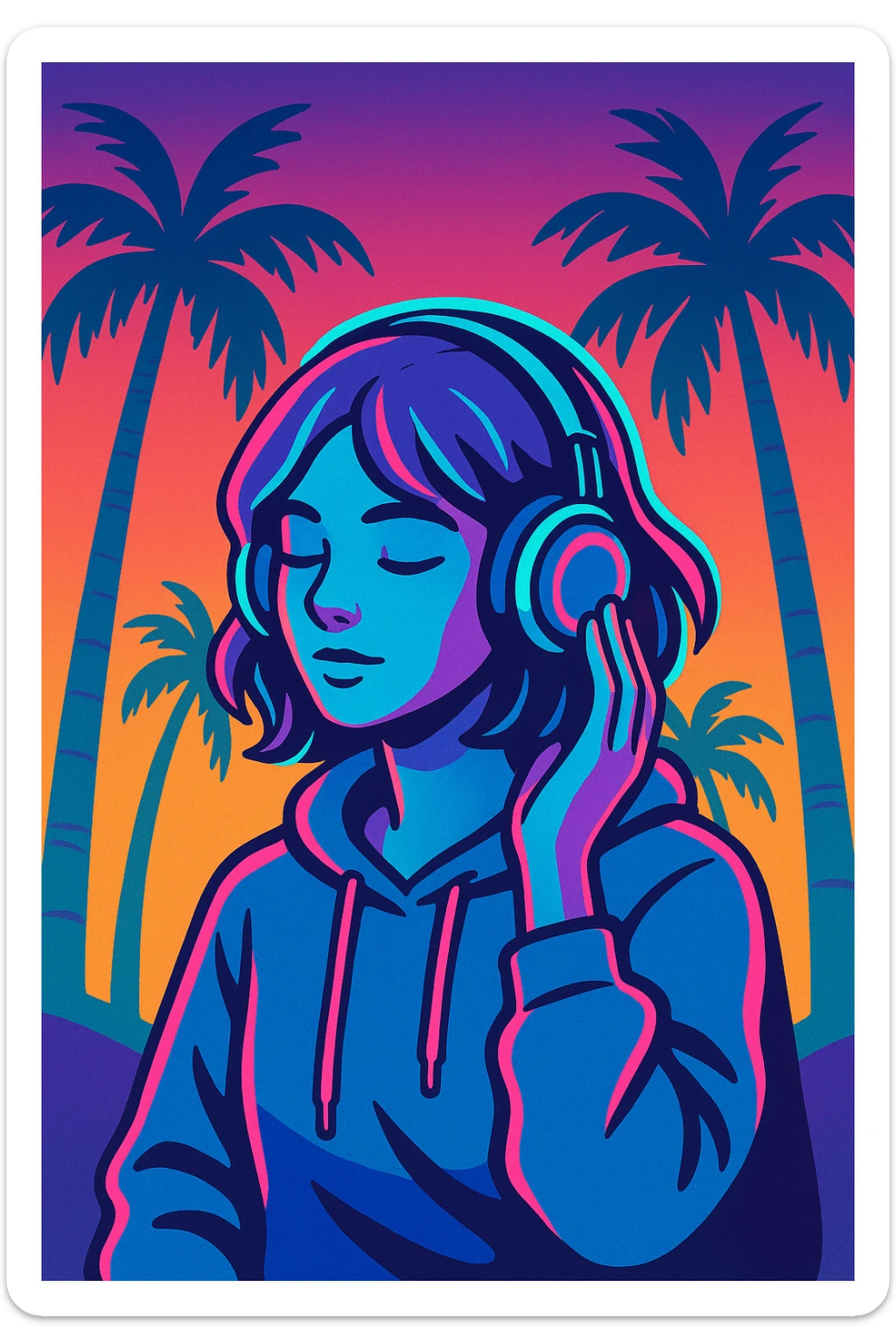 vaporwave chill girl, neon accents, palm trees, sunset gradient, headphones, relaxed vibe sticker
