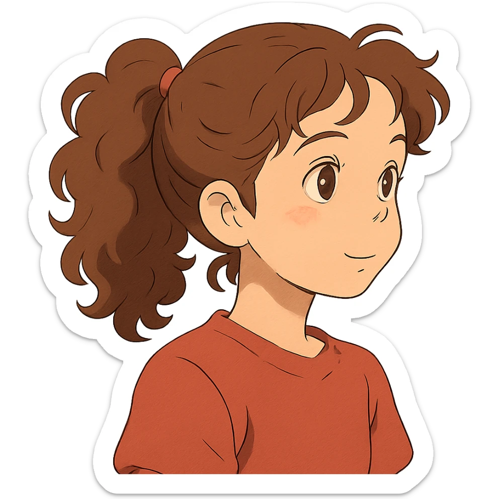 girl with brown curly hair in a ponytail, brown eyes, brown hair, ghibli style sticker
