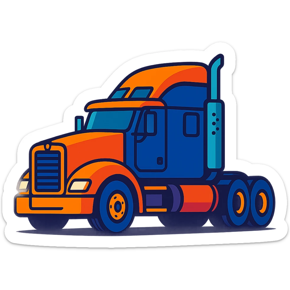 Edit the image to depict a 2026 Kenworth Sleeper semi truck in a cartoonish, vibrant style. Show the truck from the side view with headlights on, painted solid black, and no background. sticker