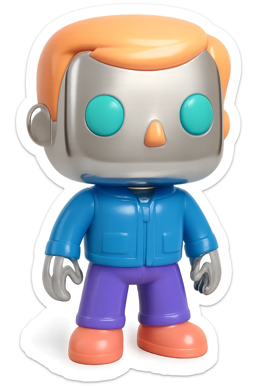 Add vibrant, bold, and playful colors to the eyes, hair, and clothes of each Funko Pop figure, while keeping their skin and overall finish chrome and shiny. The chrome effect should remain visible and prominent, with the new colors vivid and cheerful. sticker
