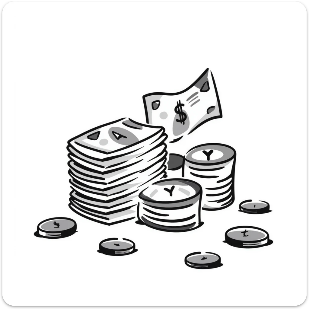 Money bills and coins, cash currency in pastel colors (dd9fb0, ffc6d3, a3bfc9, c4bee2, f1b091), hand-drawn doodle style sticker