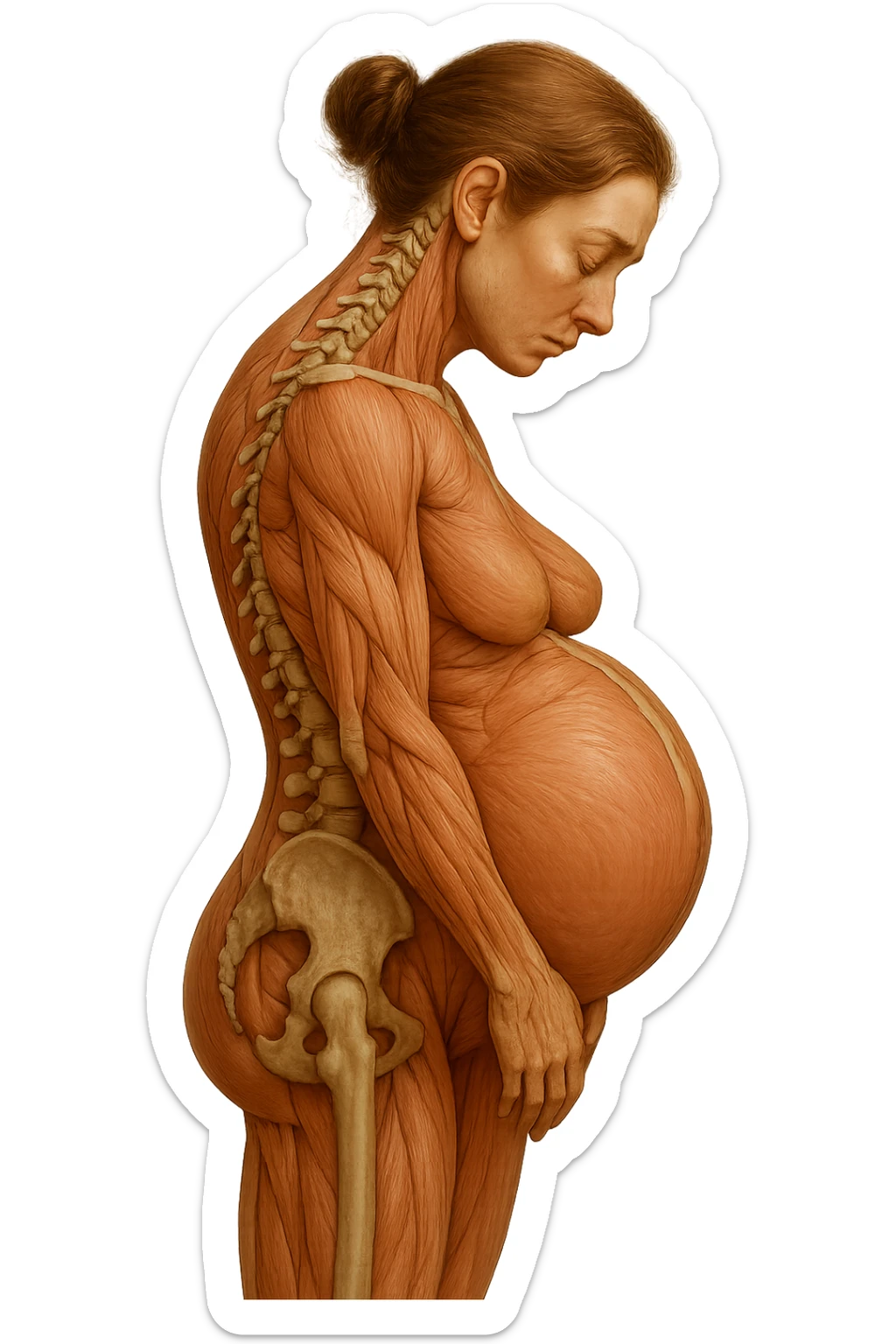 donna in gravidanza di profilo con spina dorsale in evidenza, postura storta, spalle chiuse in avanti, iperrealistica 4k sticker