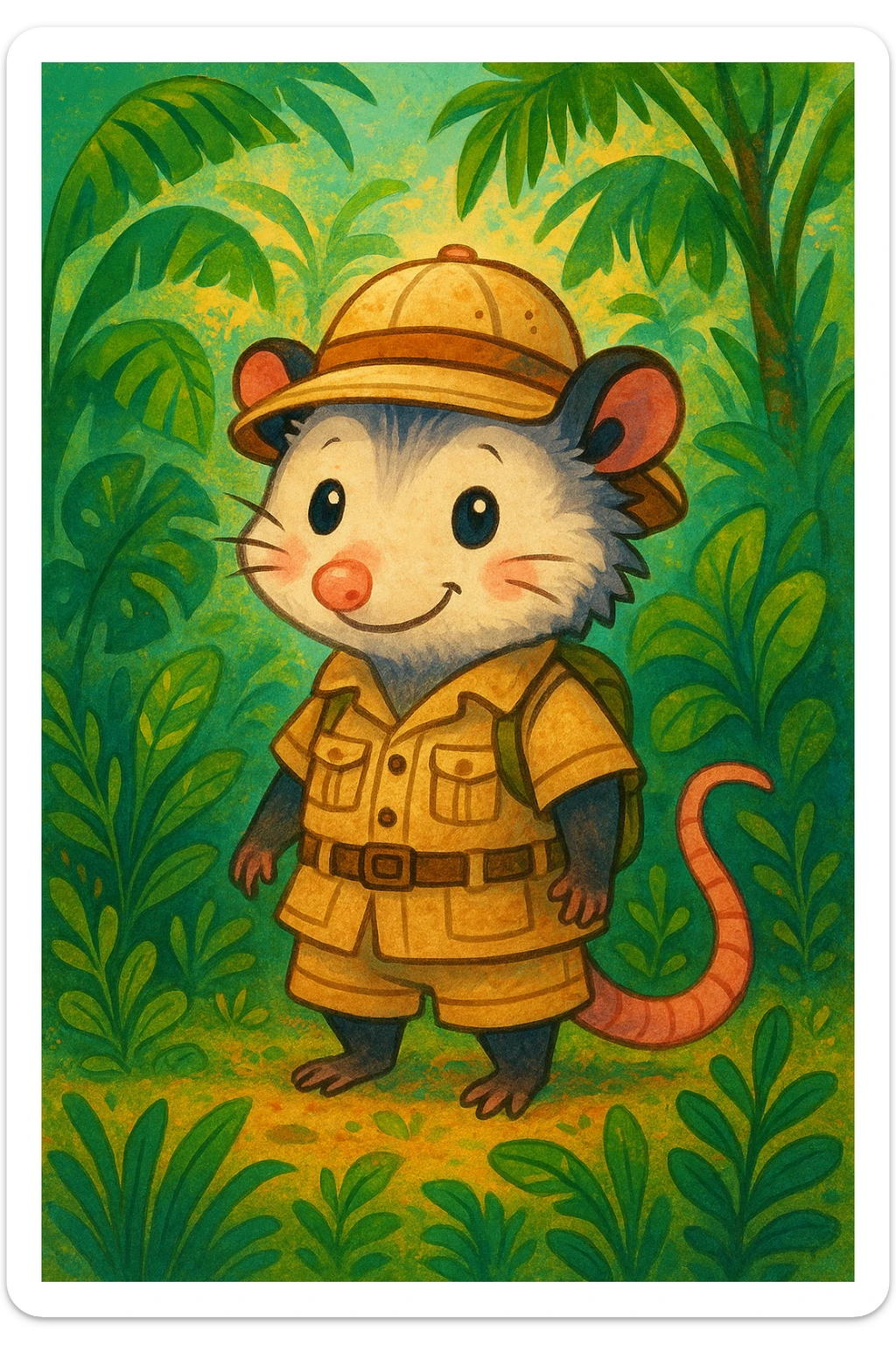 cute cartoon possum dressed up for a safari in the jungle, in a distinct artistic style sticker