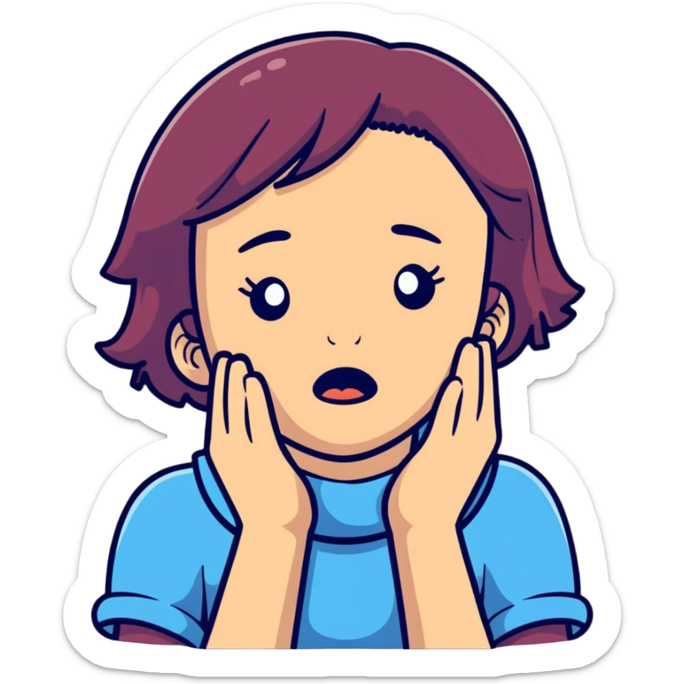 cartoon style girl showing emotional distress, hands at her throat, exaggerated facial features sticker