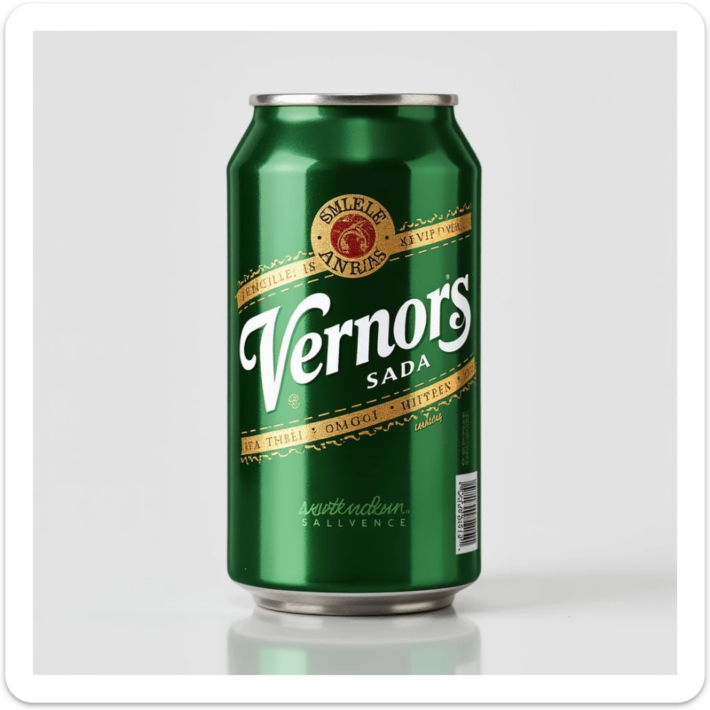 a soda can labeled 'Vernors', green and gold, classic branding, realistic details sticker
