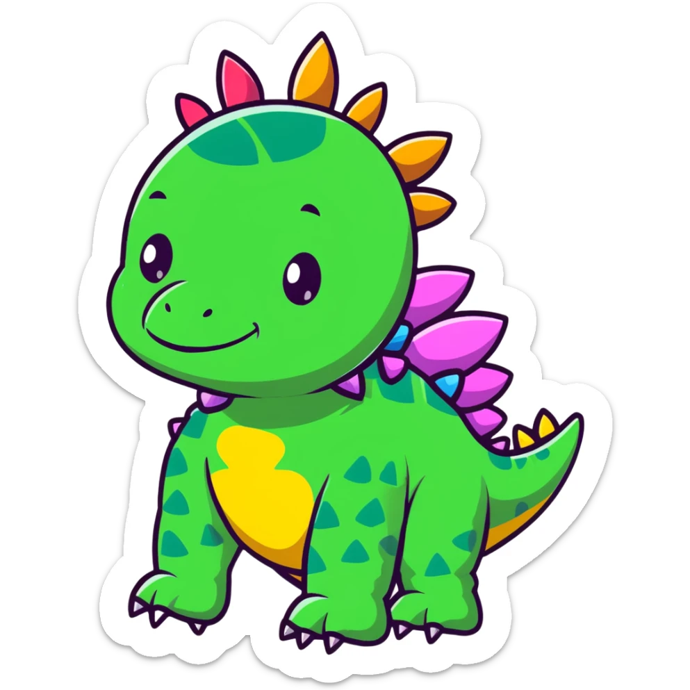 A cartoon baby stegosaurus toy with a cute onesie and tiny colorful spikes sticker