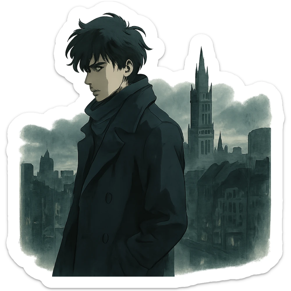 moody, cinematic figure in a cityscape inspired by 'bastard munchen' in ghibli style sticker