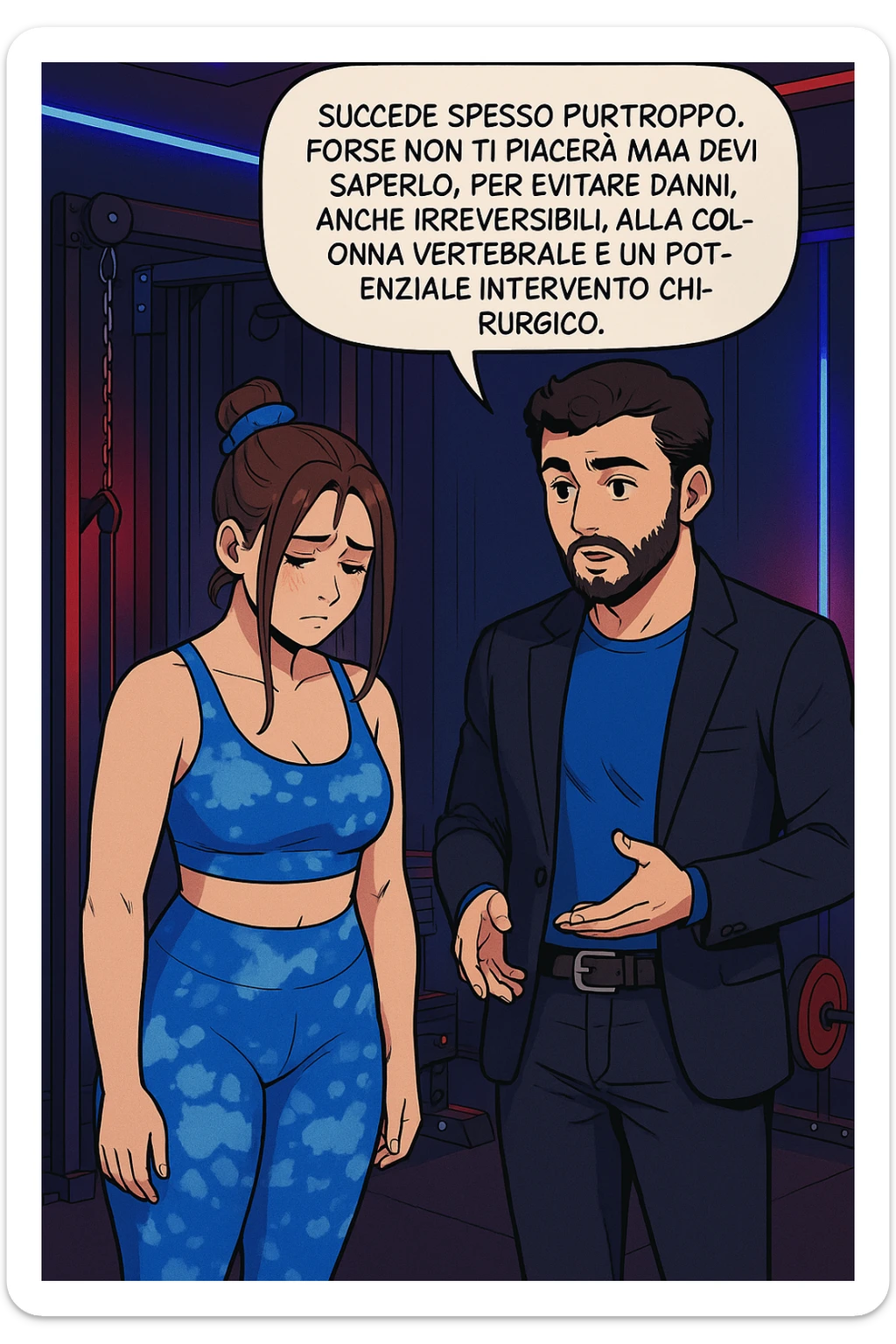 fai questa immagine in versione fumetto/manga/webtoon a colori, il manga mostra l'uomo che risponde alla donne:
Succede spesso purtroppo. 
Forse non ti piacerà ma devi saperlo, per evitare danni, anche irreversibili, alla colonna vertebrale e un potenziale intervento chirurgico. sticker