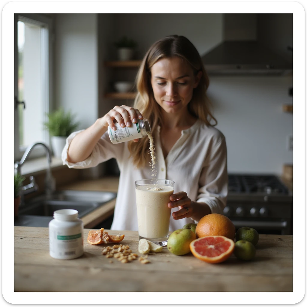 A woman in her 30s pouring inositol powder into her morning smoothie, kitchen counter with supplements and fresh fruits, soft natural lighting, realistic lifestyle photography, focused expression sticker
