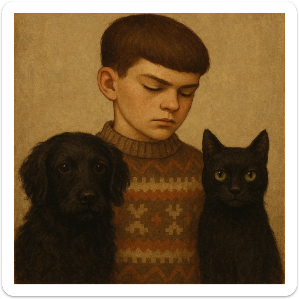A kid with a chiseled jawline, brown eyes, and flat brown hair facing down, wearing a vintage sweater, standing with a black dog with wavy hair and black eyes, and a black cat with straight hair and green eyes sticker