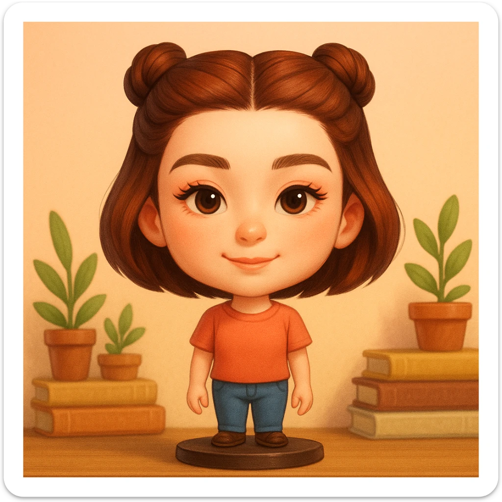 Create a bobblehead style portrait of the girl from the provided image, featuring a large head, cute features, and a soft pastel background. The style should be a digital illustration matching the bobblehead style with a charming and playful look. sticker