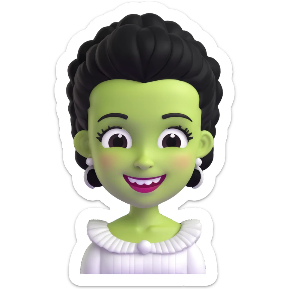 adorable 3D Bride of Frankenstein with big smile and cute black and white hair sticker