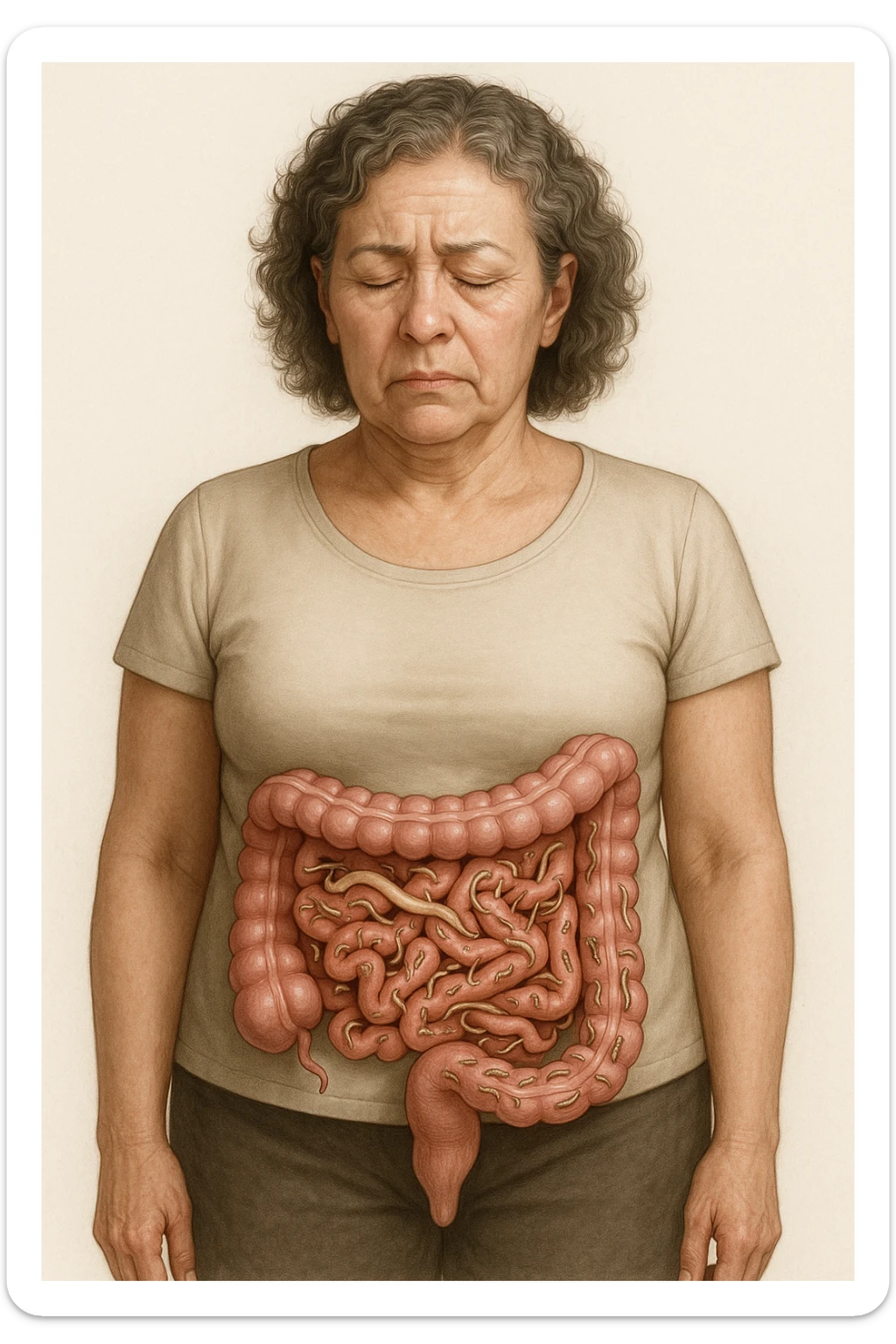 Donna in menopausa con intestino ricco di parassiti intestinali. Immagini realistiche sticker