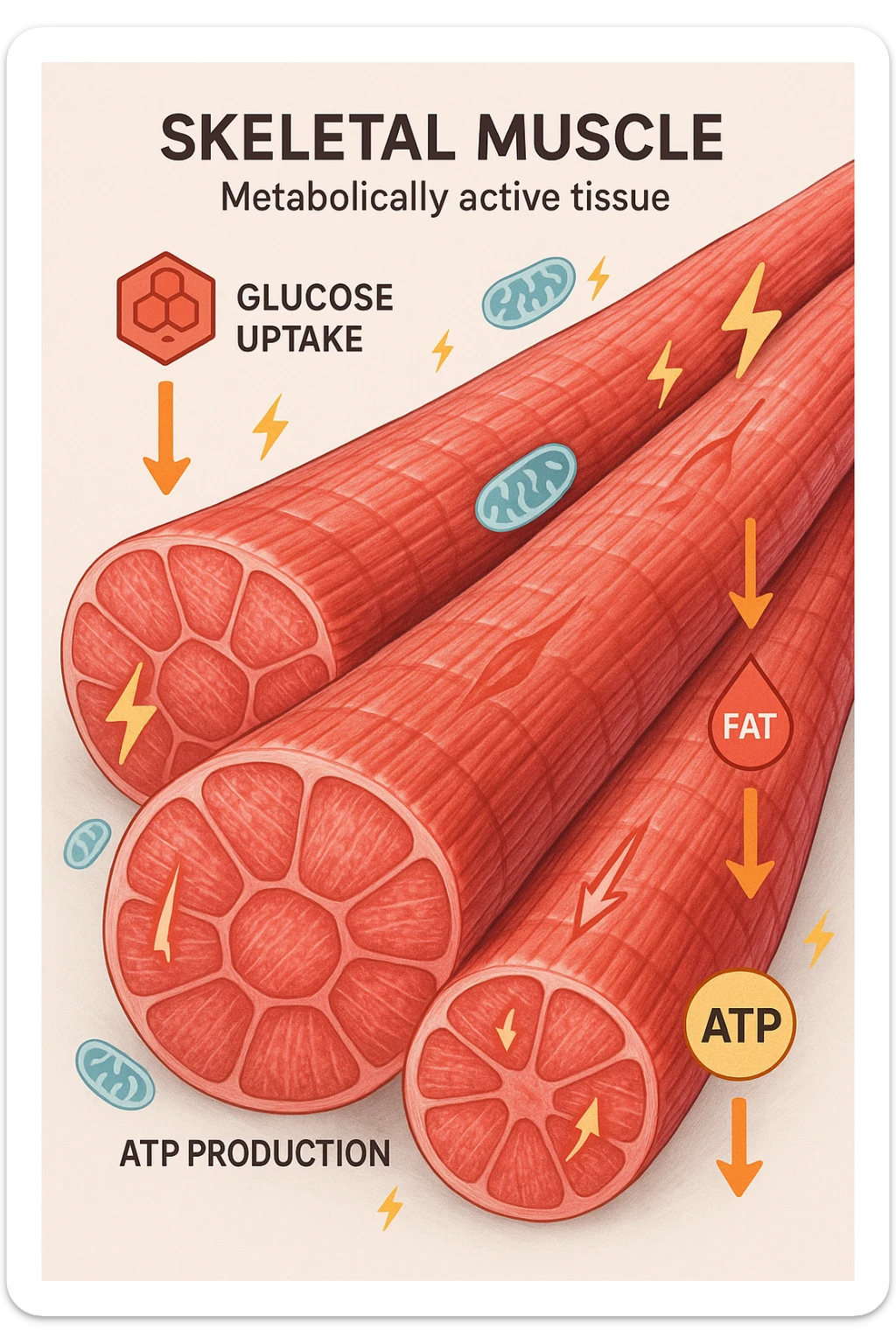 a highly detailed cross-section of human skeletal muscle fibers, shown in vibrant red and pink tones, with visible striations and realistic texture. Glowing arrows and animated icons represent active metabolic processes—such as glucose uptake, fat oxidation, and ATP production—occurring within the muscle tissue. Surrounding the muscle, floating symbols for mitochondria and energy highlight its metabolic activity. The background is clean and clinical, with subtle labels and infographics explaining that muscle is a metabolically active tissue. The overall style is modern, scientific, and visually engaging, suitable for educational or medical use. in italiano sticker