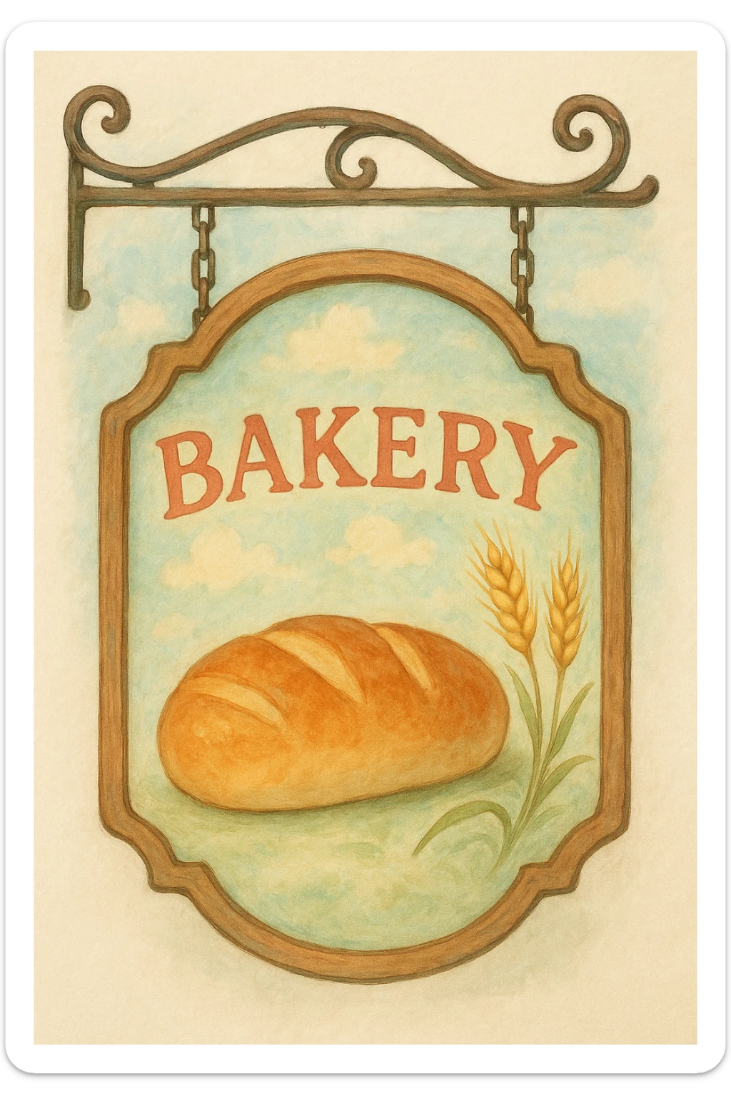 a ghibli-inspired bakery sign with a loaf of bread and wheat, gentle colors, dreamy look sticker