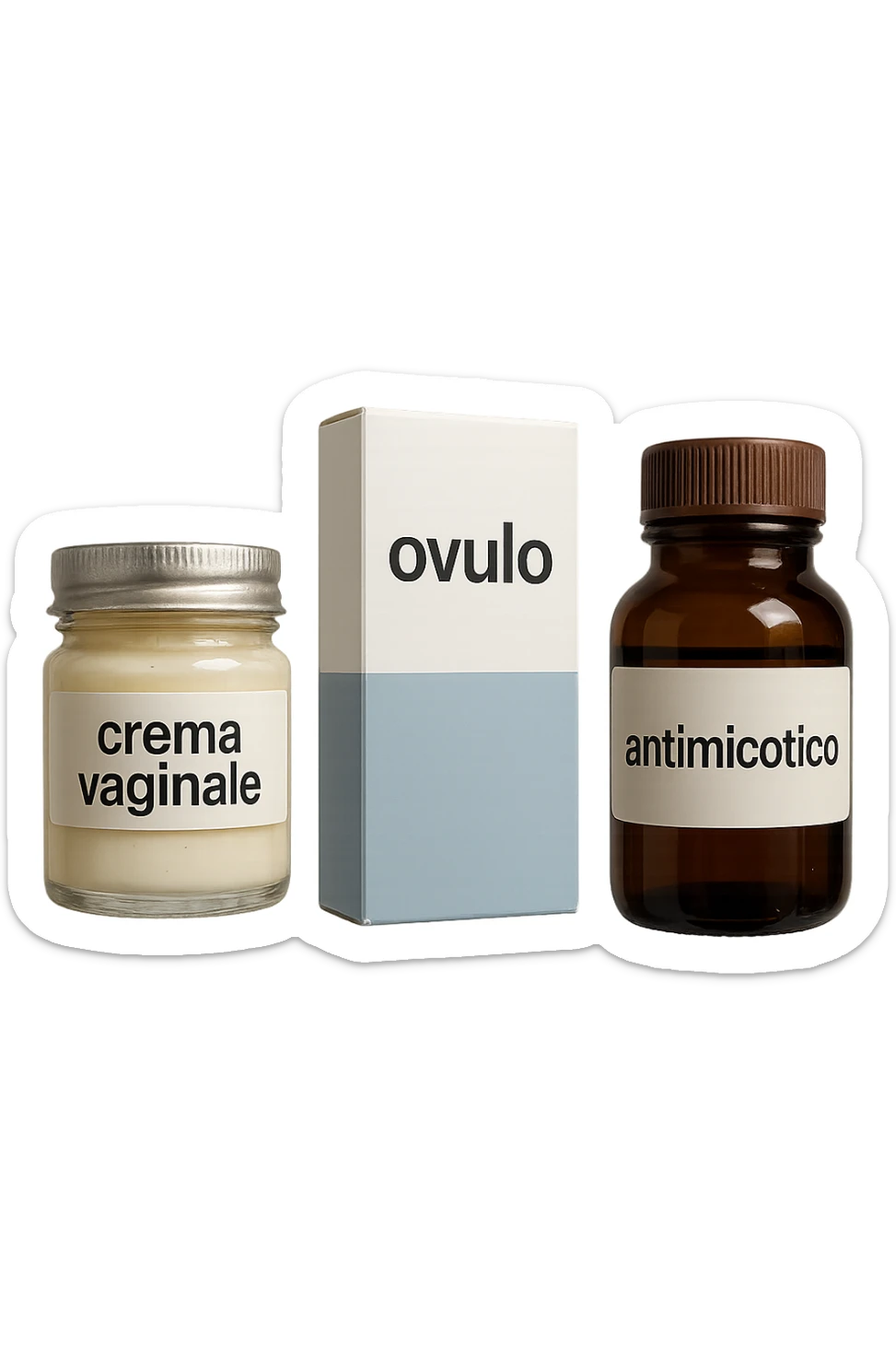 un barattolo di crema con la scritta "crema va**ale", una scatola con farmaco con la scritta "ovulo", un barattolo di farmaco con la scritta "antimicotico" in italiano sulle etichette, fluttuano in aria, IPERREALISTICO 4K sticker