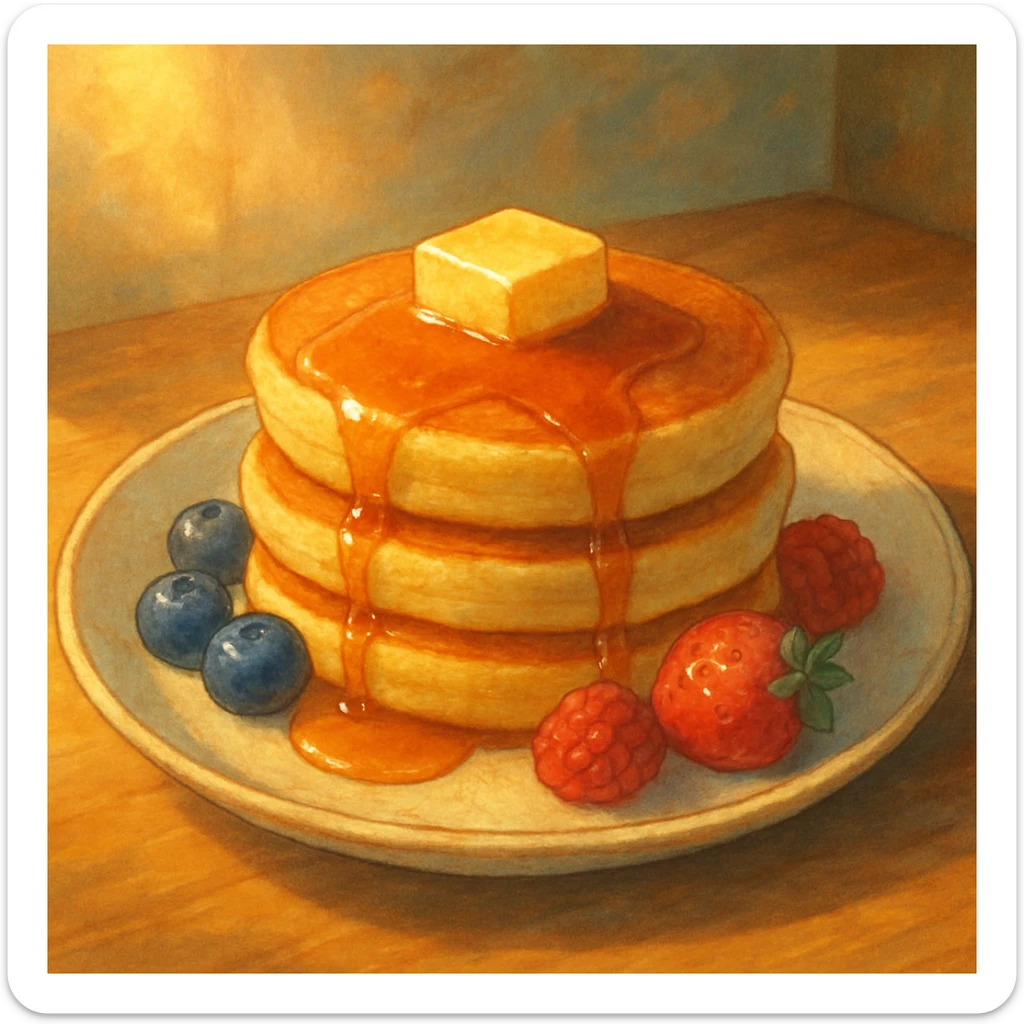 a Ghibli-inspired plate of pancakes with syrup and fruit, illustrated with dreamy, painterly textures sticker