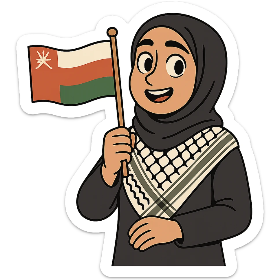 a hijab-wearing girl wearing the Palestinian keffiyeh and holding the Oman flag, flat toon style, graphic flat design sticker