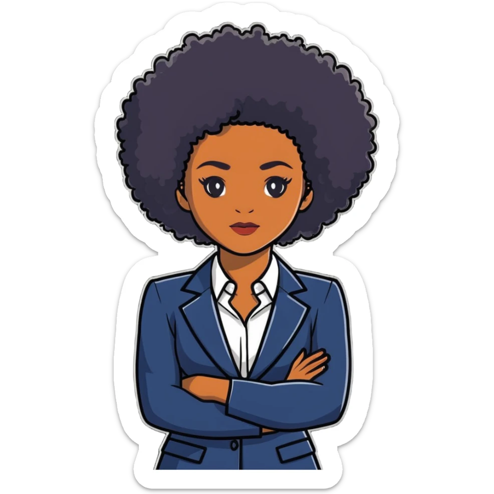 Elegant African career woman with natural curly afro hair, corporate outfit, professional demeanor sticker