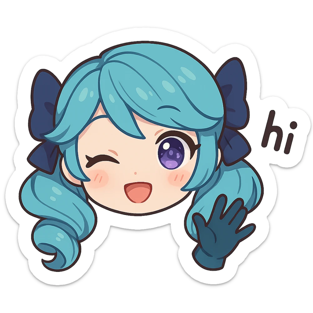 Gwen from League of Legends, chibi style, only head, right eye purple, one hand waving with glove, hi emote, sparkly eyes, no text sticker