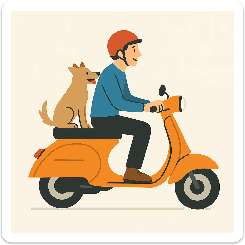 vector art of a man and his pet dog riding a vespa, for website design  sticker