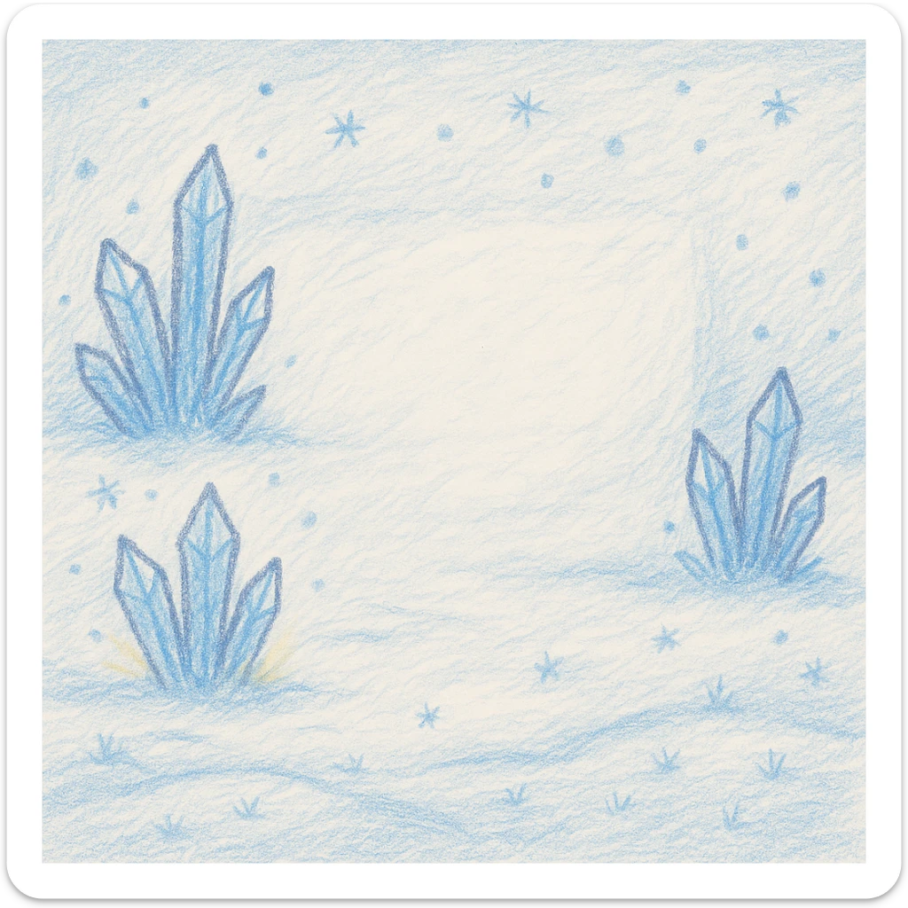 children's book page background set on an icy planet, snowy ground, glowing ice crystals, soft snowflakes, clear frosty patch for text, magical and gentle style, no characters sticker