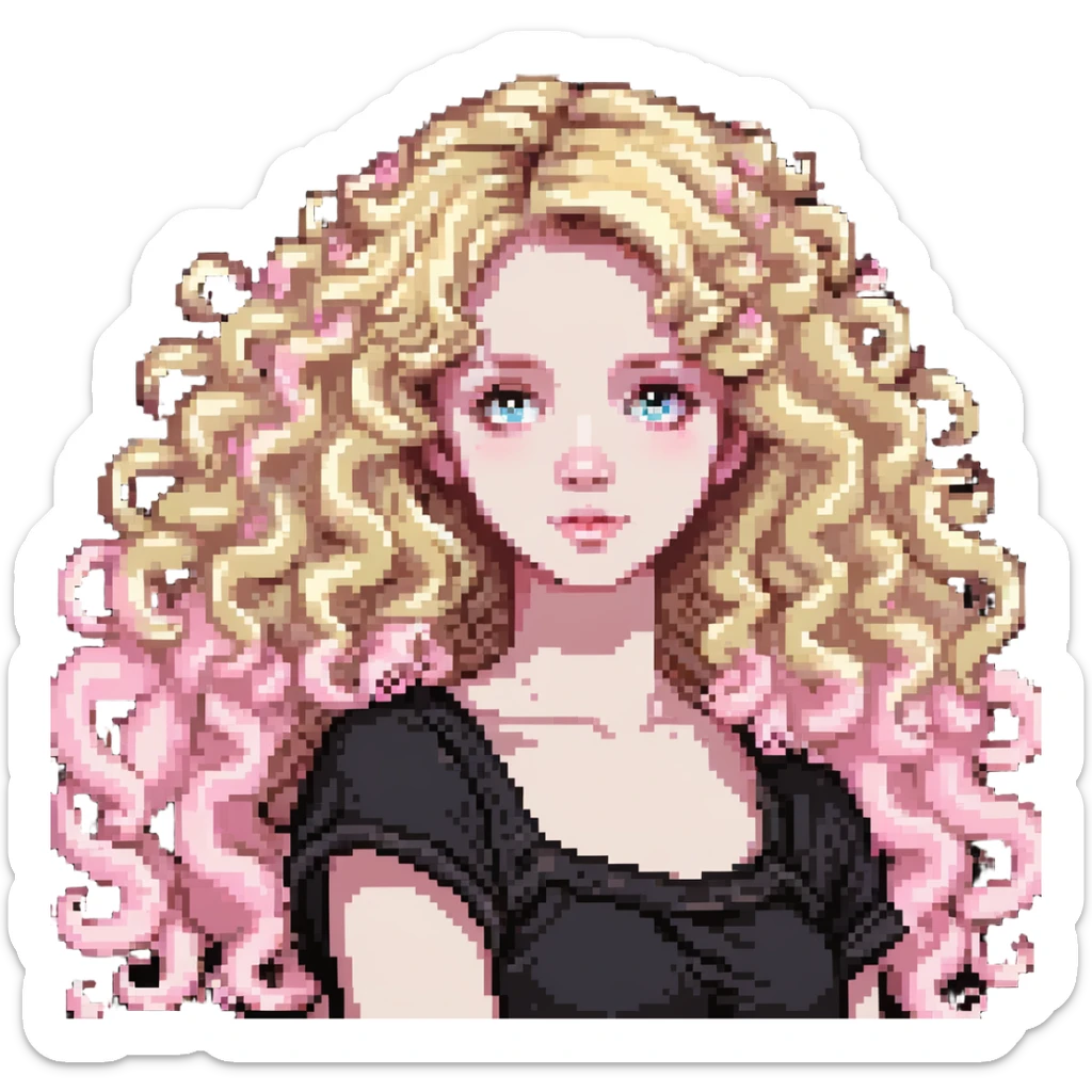 pale girl with curly medium-length blonde hair and baby pink swirls sticker
