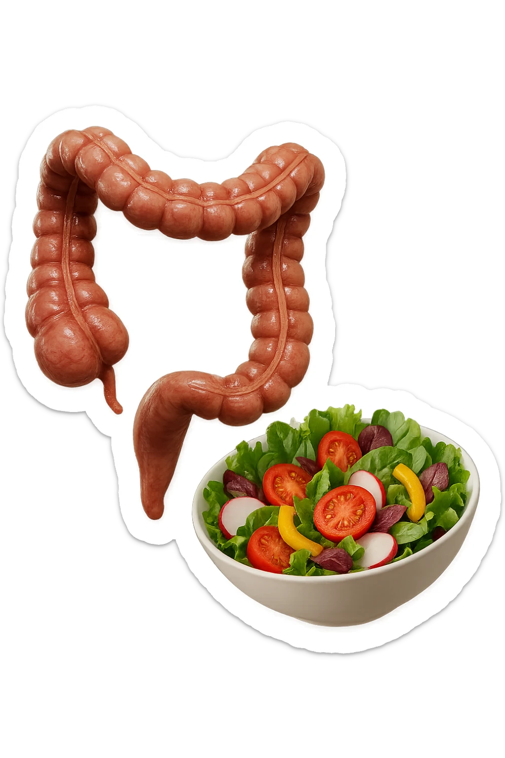 bowl di insalata fluttua in aria insieme ad intestino umano anatomico realistico, IPERREALISTICO 4K sticker