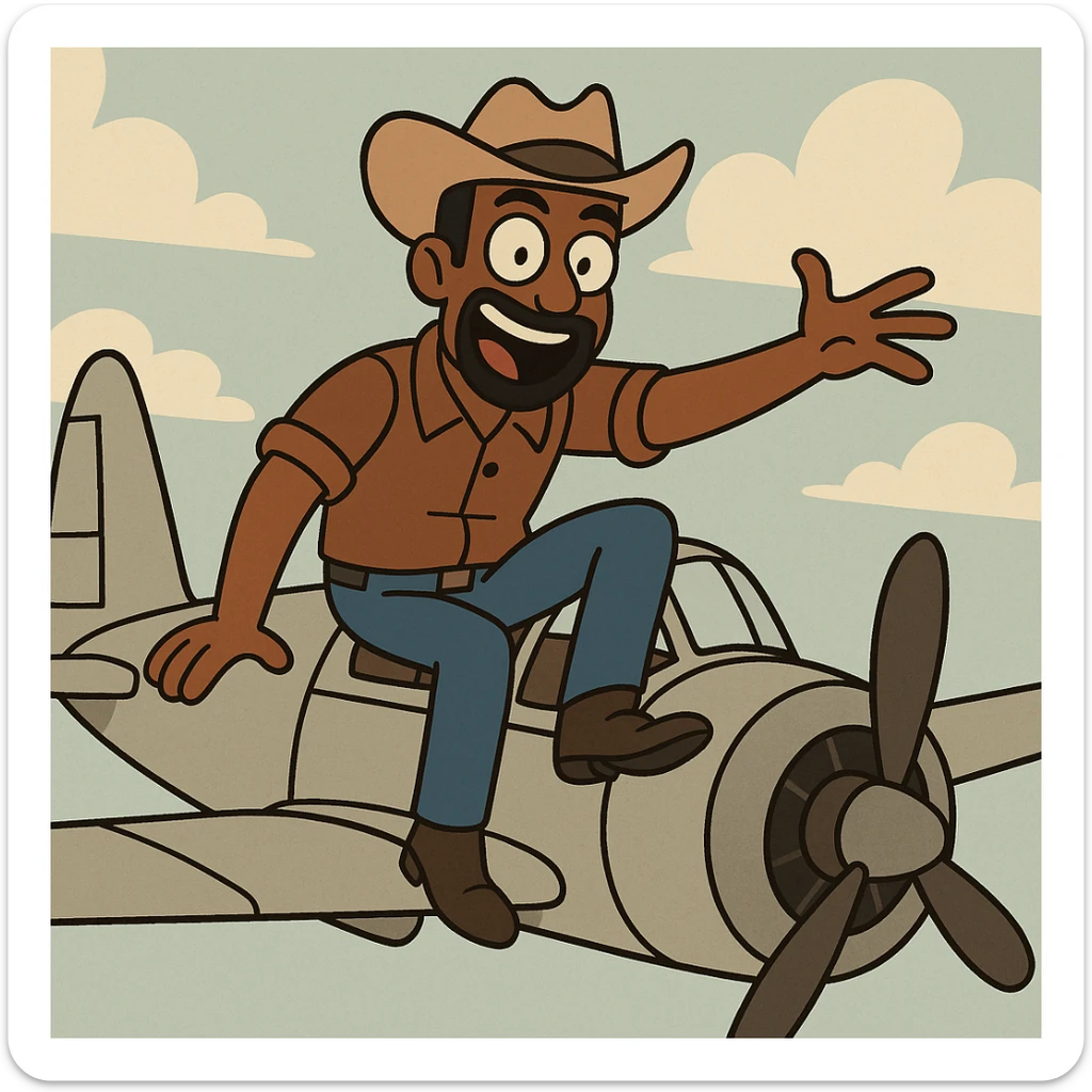 brown male wearing a hat sitting on an aircraft, cartoon style, expressive and fun sticker