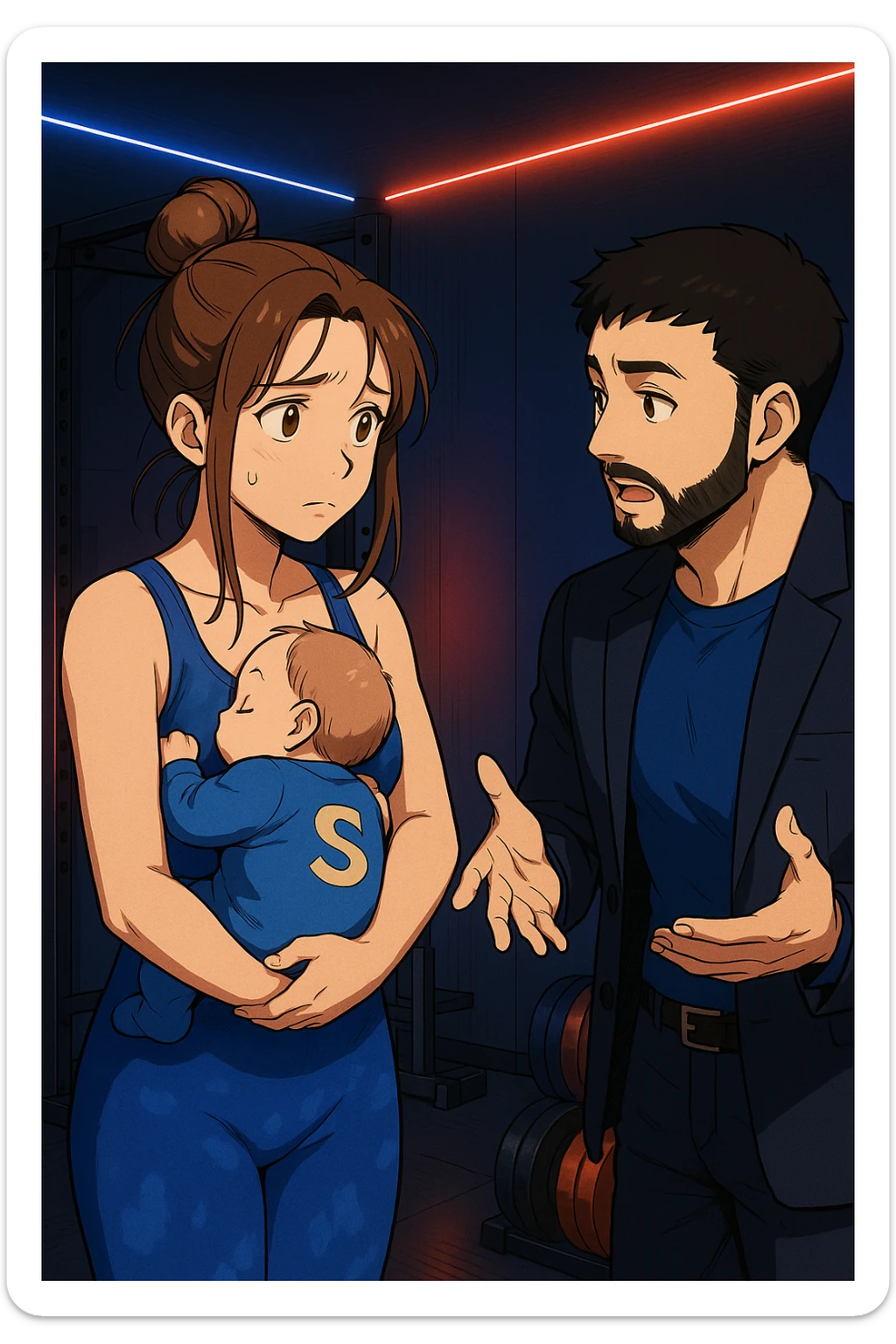 ispirati a questo stile di disegno e fai questa immagine in versione manga/webtoon a colori, il manga mostra la donna preoccupata con un neonato in braccio con una tutina azzurra e la scritta "S" sulla schiena, mentre ascolta l'uomo mentre l'uomo gli sta spiegando una cosa, ma non fare i fumetti, fai come se stessero parlando sticker