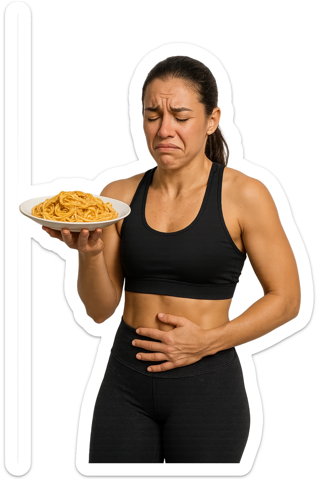 DONNA FITNESS CON PIATTO DI PASTA IN MANO E MAL DI PANCIA, FA FATICA A DIGERIRE sticker