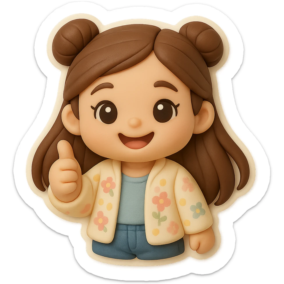 3D chibi fondant cake art style, high-quality rendering with smooth shadows and soft gradients. Girl based on reference image (preserve facial features), long brown hair in two space buns, brown eyes, jeans, pastel floral cardigan, thick white outline like a sticker, transparent background. Thumbs up, happy expression. Make sure her appearance matches previous stickers. sticker