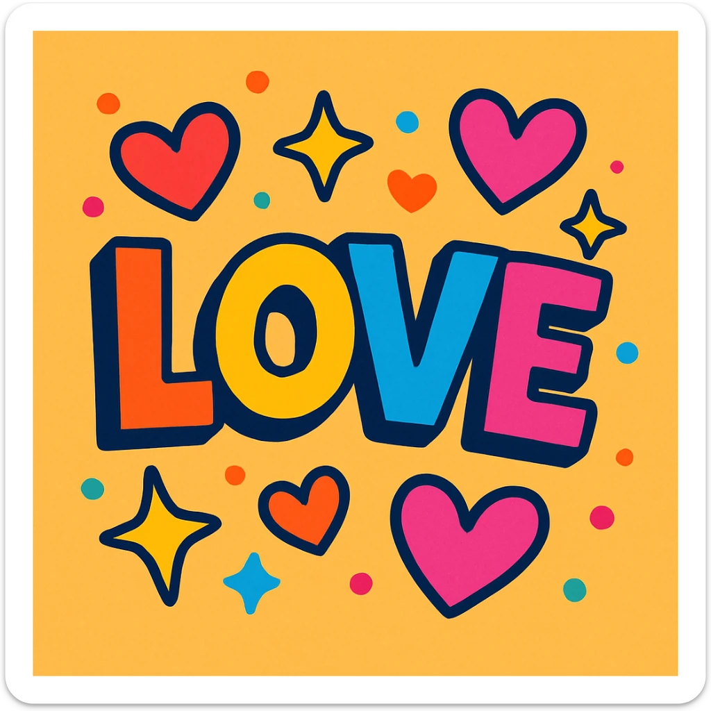 the word 'love' in a playful, colorful cartoon style, with hearts and sparkles sticker