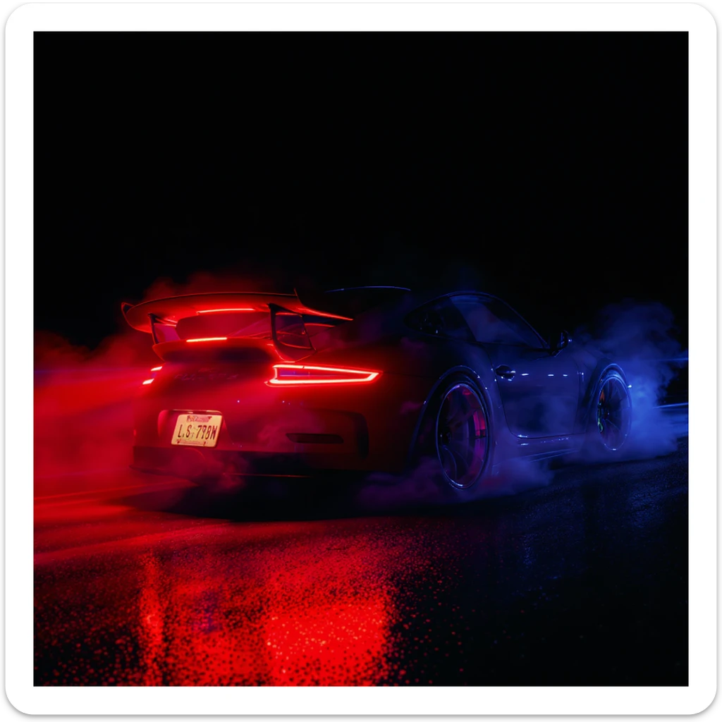 Shot and Directed by Quentin Tarantino, Cinematic still of a porsche 911, gt3 rs, night photo, red lights and blue bright night  sticker