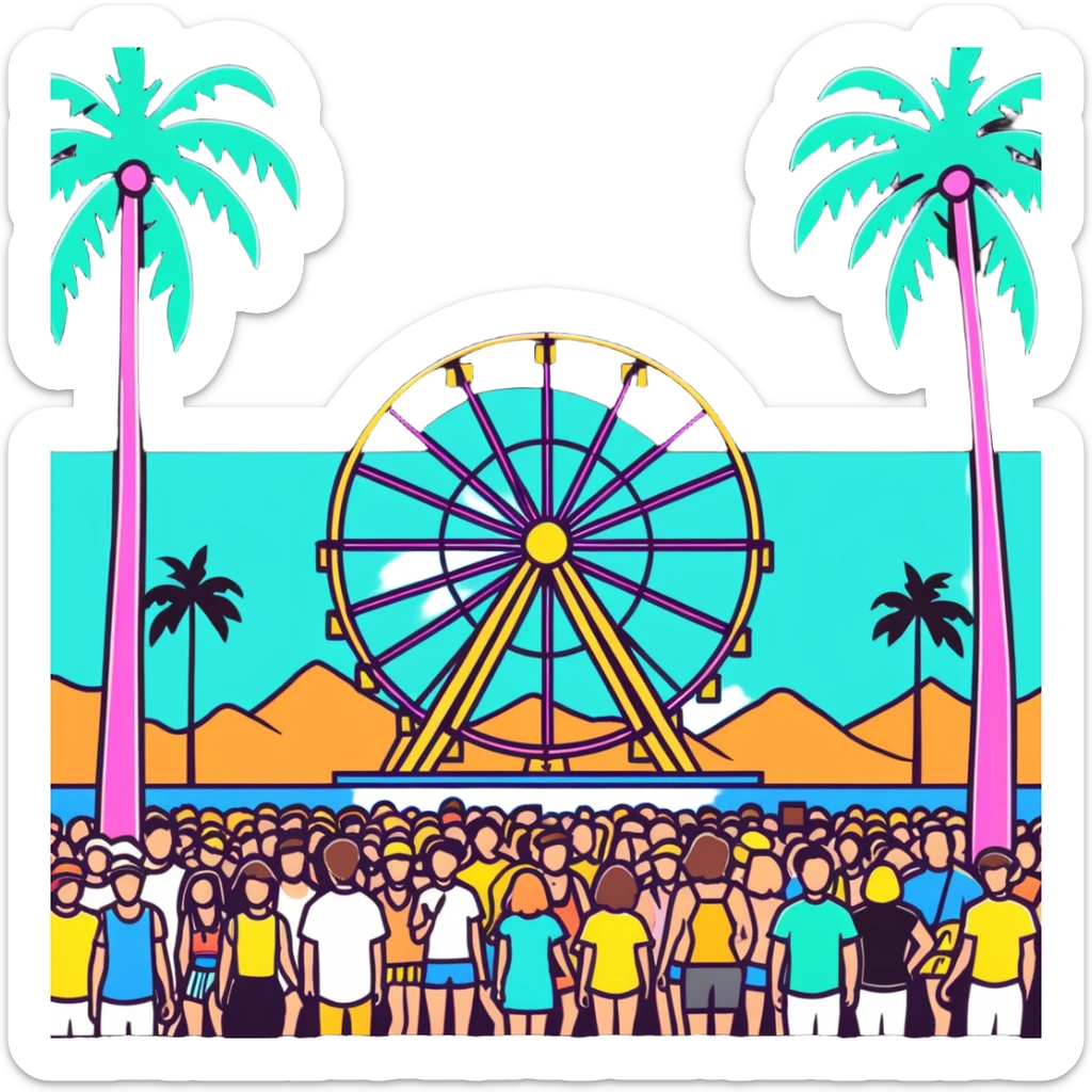 crowd at Coachella music festival with ferris wheel and palm trees sticker