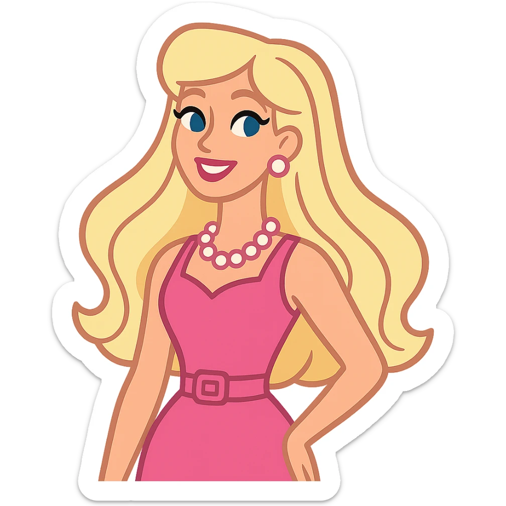 Barbie character, classic pink style, glamorous, smiling, long blonde hair, fashion-forward, iconic look sticker