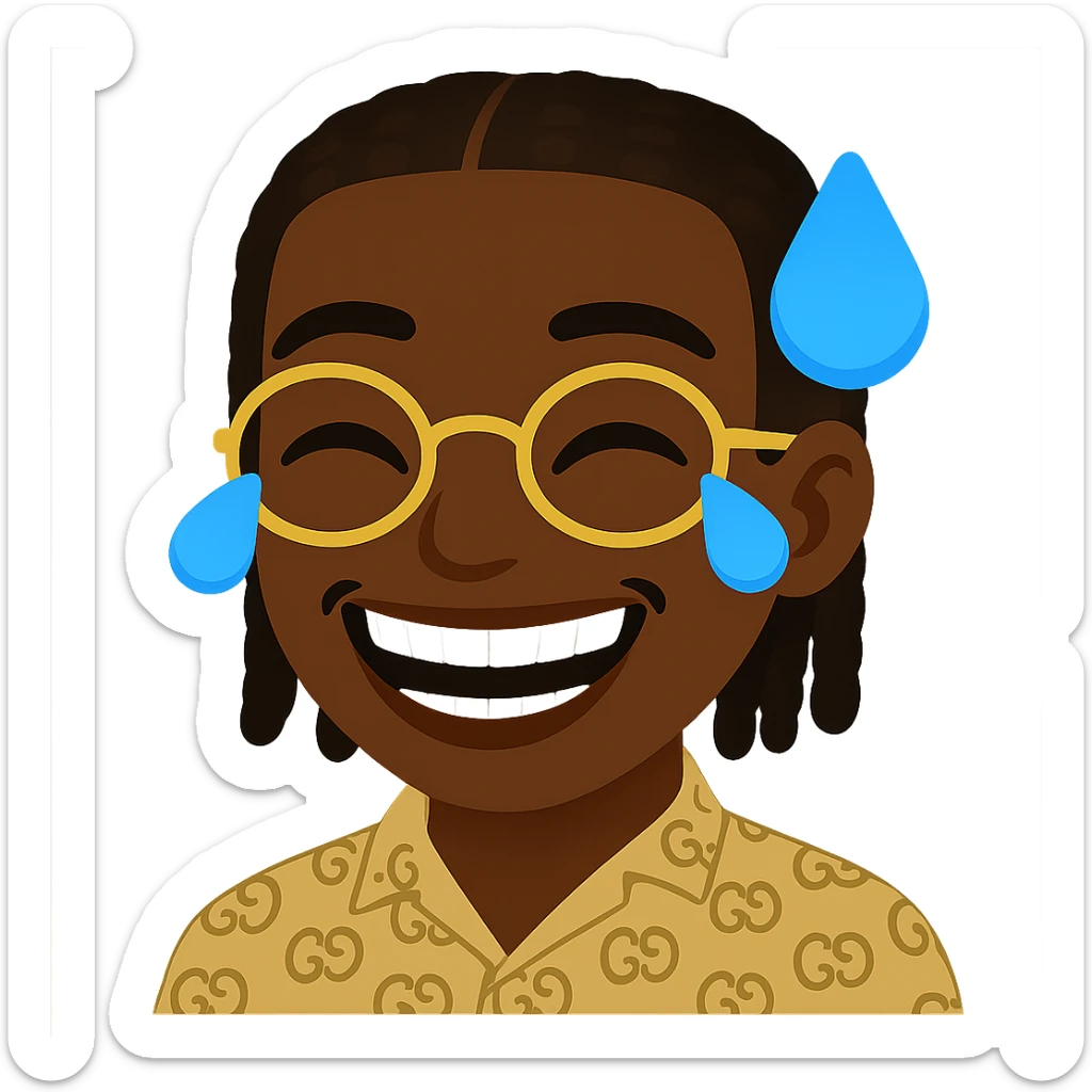 Create an emoji of a laughing face with tears of joy in the general style. The face should be slim, not big, with well-defined, natural white teeth. Keep the same braided hairstyle with the same implantation, volume, and shape. Include the same golden glasses and the same patterned shirt. Maintain the same black skin tone as the provided emoji. The background should be transparent. Respect the general style of the original emoji. sticker
