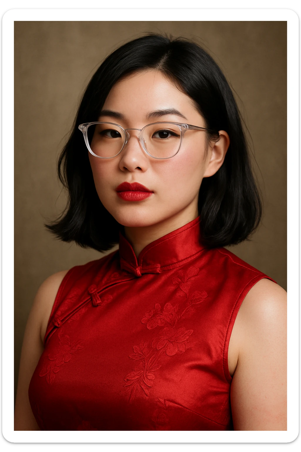 an oriental lady with fair, slightly pink skin, wearing a red cheongsam, red lipstick, winged eyeliner, small nose, slightly thick sensual lips, medium build, transparent white glasses, mid-length black hair sticker