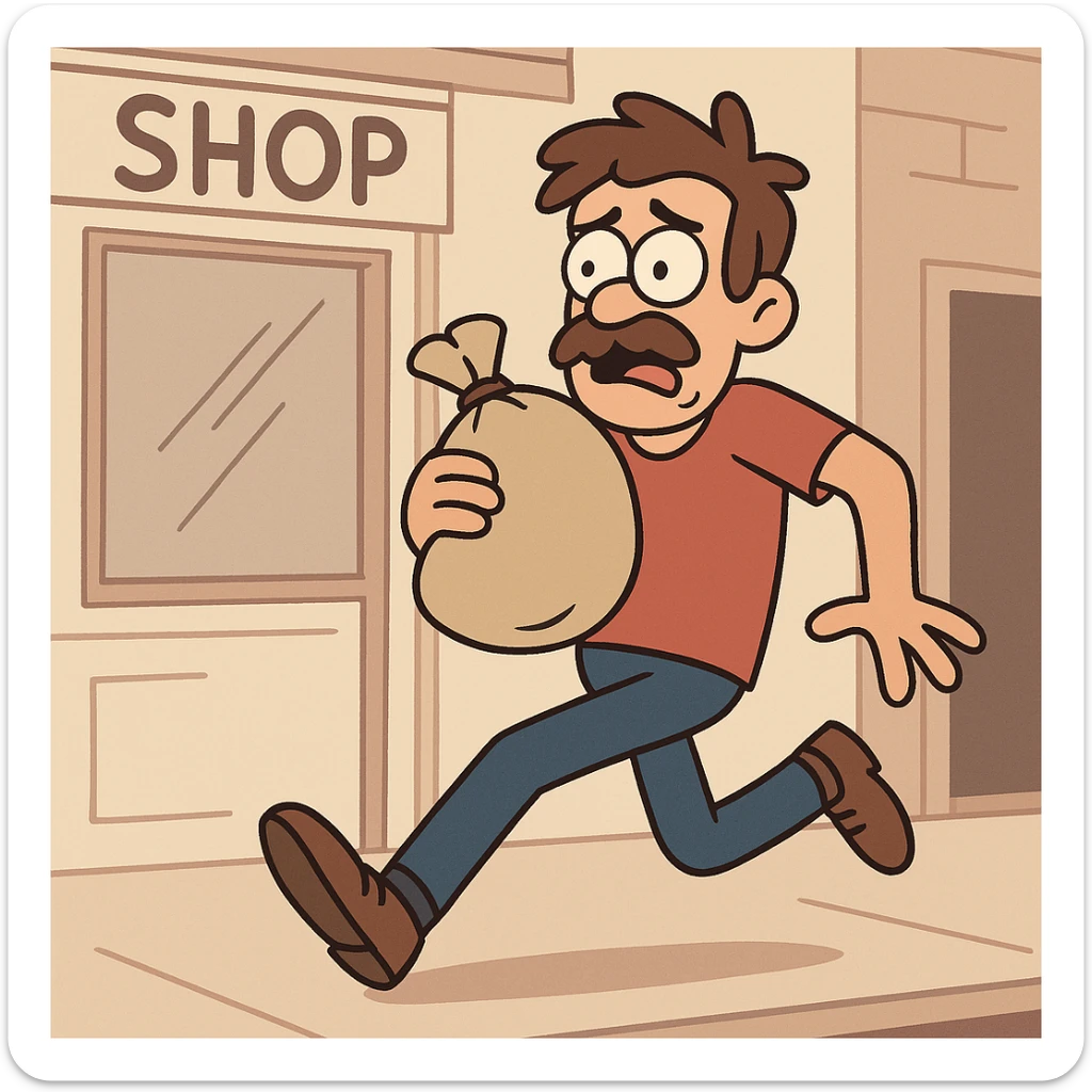 a man in casual clothes, no mask, escaping a shop with loot, worried face, cartoon style sticker