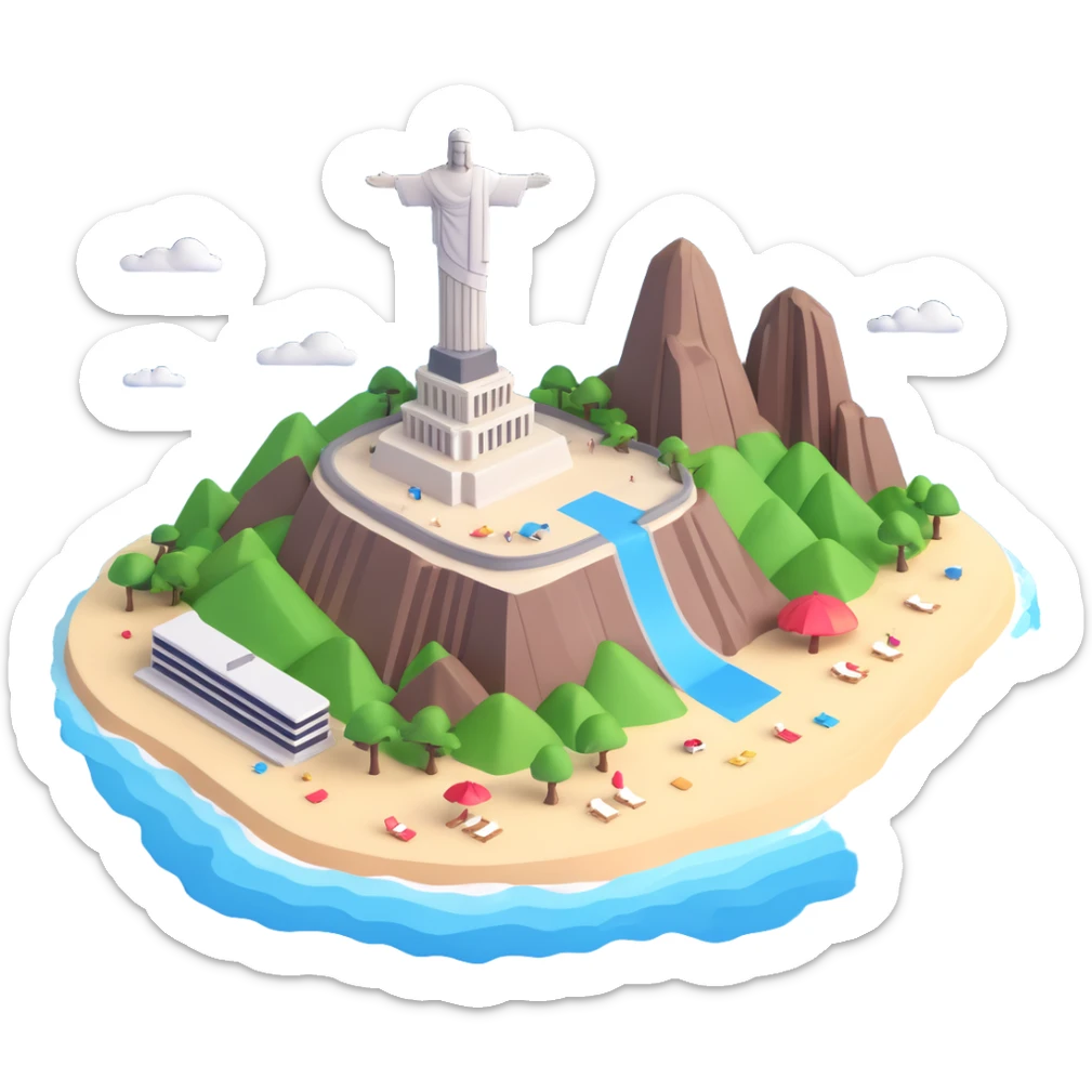 Make the Rio de Janeiro emoji much more realistic and 3D, with lifelike detail and depth, keeping the majestic vista of the skyscraper-lined beach, the mountain, and the Christ the Redeemer statue, accurate colors, and a fully transparent background. Do not add a sky background. sticker