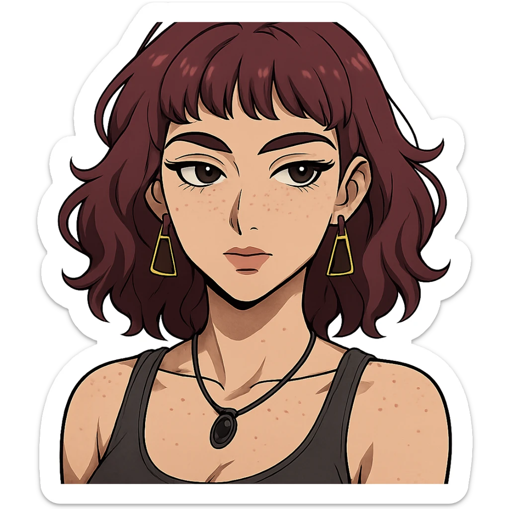 white woman with freckles, teardrop piercing, wavy wine purple hair to shoulders, short bangs, triangular hoop earrings, black stone necklace, tank top, thick eyebrows, large brown eyes, adult anime style, sensual sticker