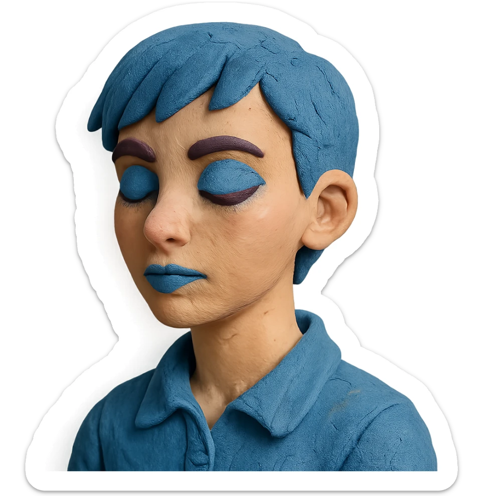 profile picture of a 22-year-old girl with short hair, cool tone makeup, blue shirt, claymation style sticker