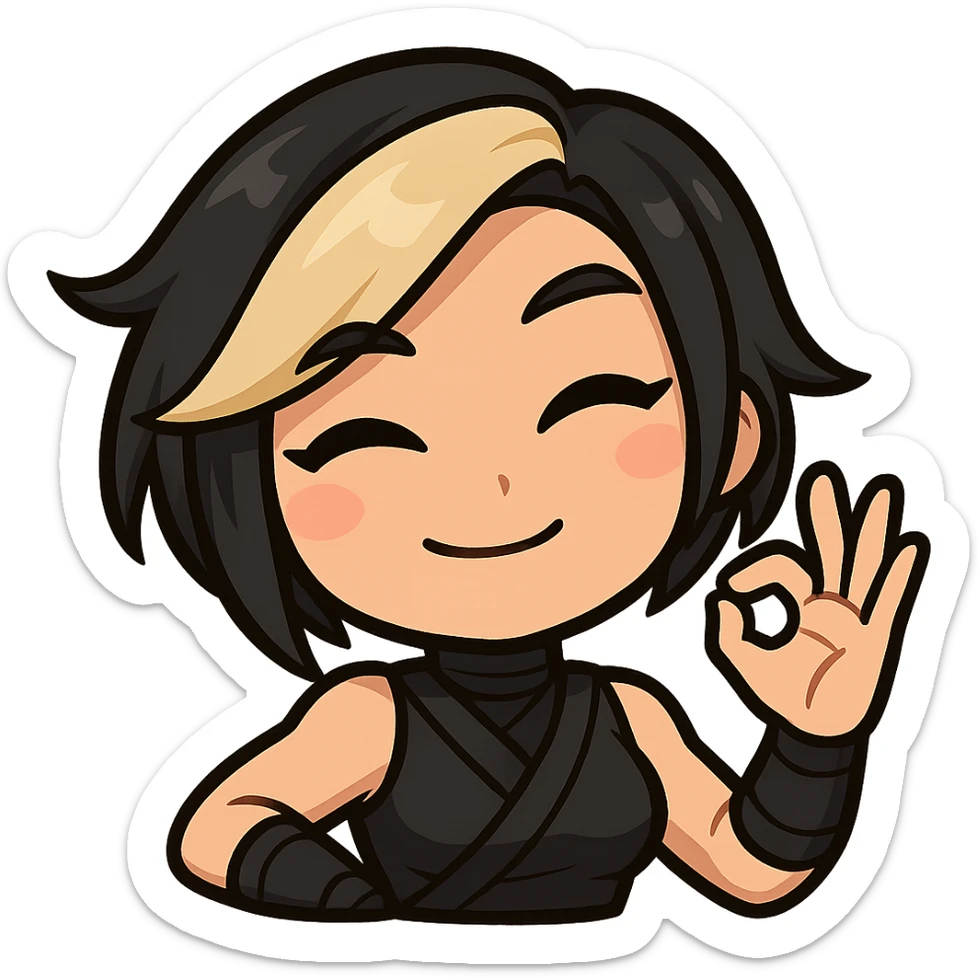 Sexy chibi ninja girl with black short hair and a blonde streak, only head and arms, making an OK sign with her hand, bold outlines, no mask, sized for Twitch emoji use, transparent background. sticker