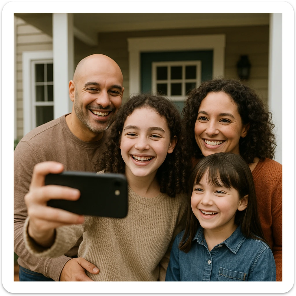 A family of four posing for a selfie in front of their home: dad is bald with medium light skin, mom and older daughter have curly hair and pale skin, younger daughter has straight hair and medium light skin. The older daughter is holding the phone, sisters look amused, parents smile. sticker