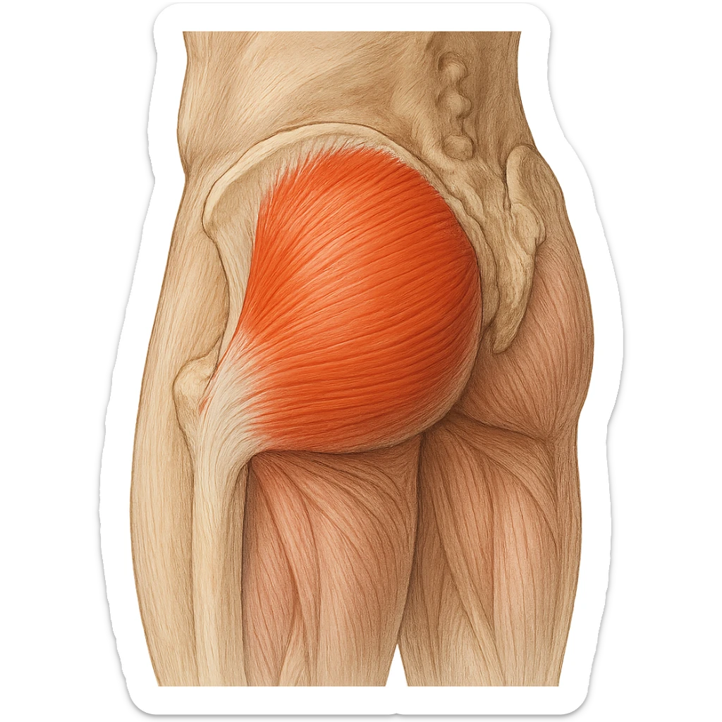 realistic and educational illustration of the gluteus medius muscle, precise anatomical details, highlighted compared to other muscles in the region, lateral and posterior view, neutral background, no explicit references to sensitive parts sticker