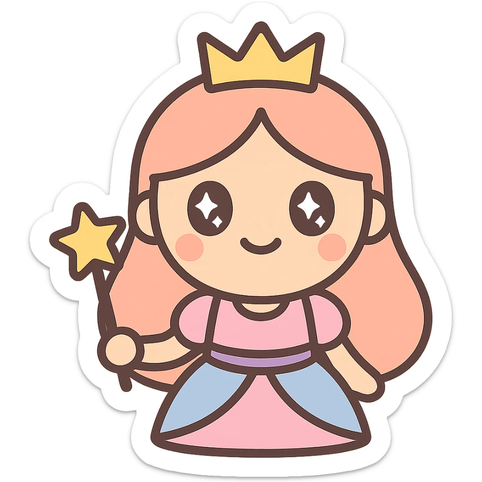 cartoon-style princess emoji with long hair, wearing a golden crown, smiling softly, dressed in a royal gown, holding a magic wand, kawaii style sticker