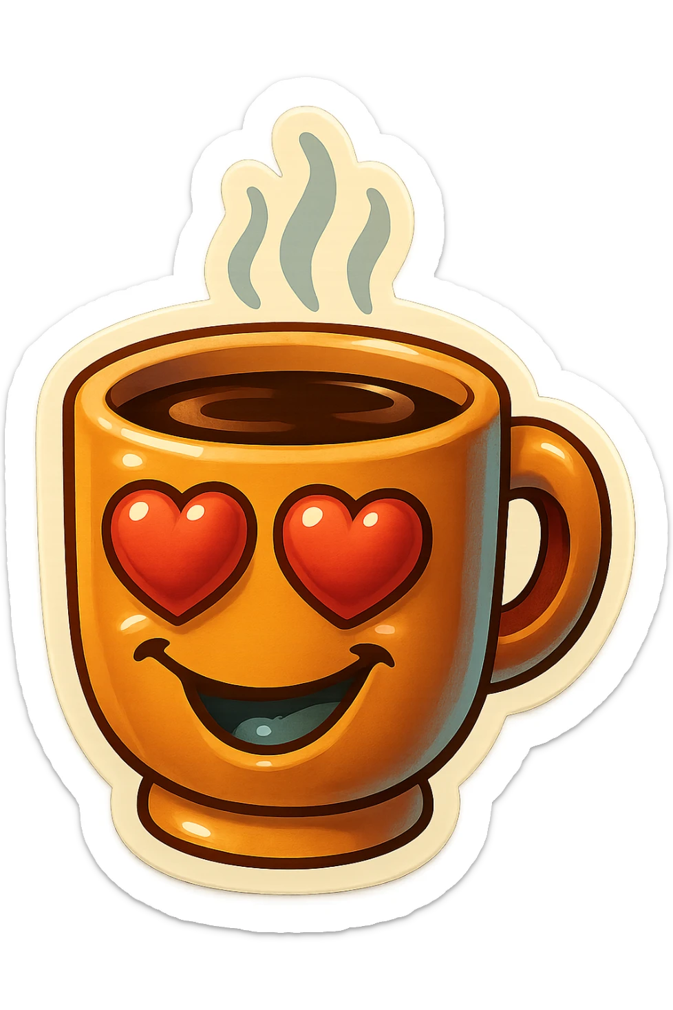 Ink wash style, coffee cup creature, big heart eyes, dopey smile sticker